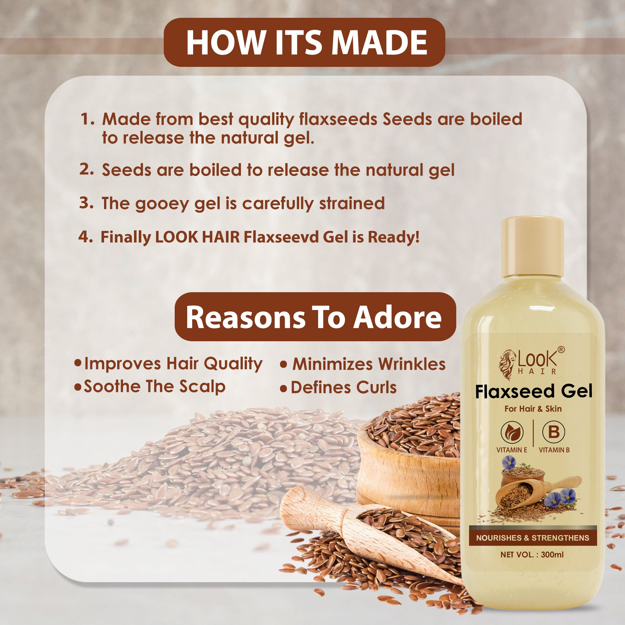 LOOK HAIR Natural Flaxseed Hair Gel | Strong Hold, Frizz Control & Hair Growth Care
