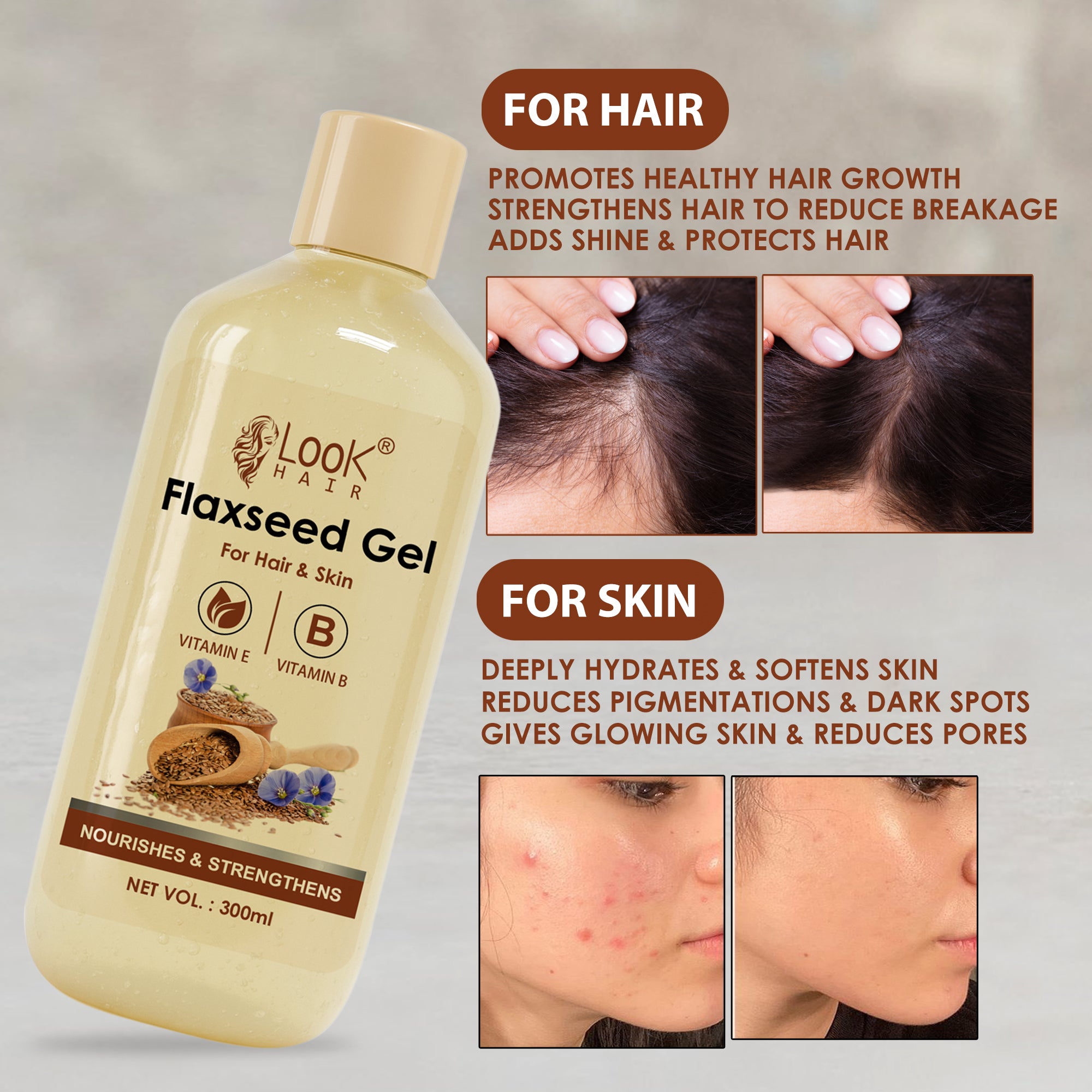 LOOK HAIR Natural Flaxseed Hair Gel | Strong Hold, Frizz Control & Hair Growth Care